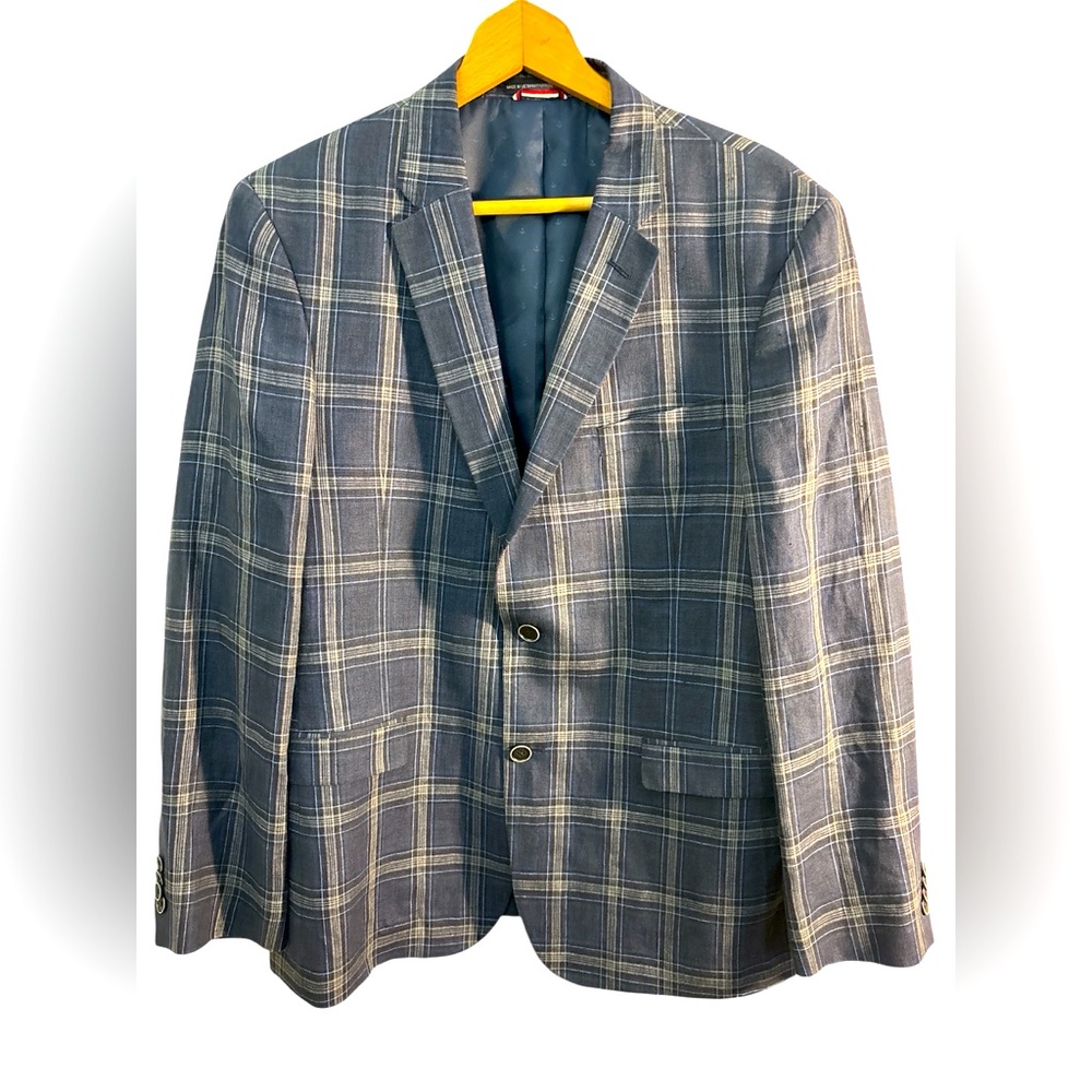 Tommy Hilfiger 100% linen blue Black plaid Preppy sport coat blazer size 42 R